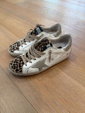 Golden Goose White Leather Sneakers with Leopard Toe